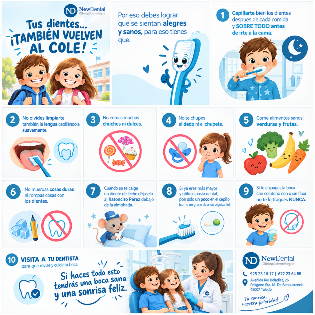Infografía de NewDental con 10 consejos de salud bucodental infantil para la vuelta al cole, incluyendo cepillado, alimentación sana y visitas al dentista.